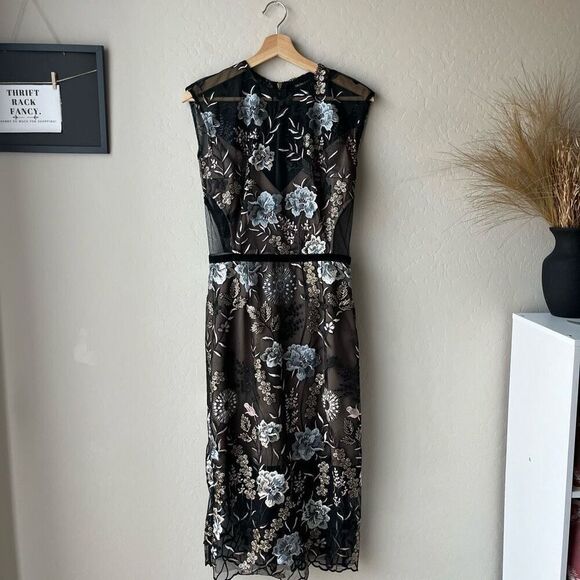 Bronx‎ & Banco Black Sheer Mesh Floral Embroidered Sheath Cocktail Dress Size 4 - Picture 1 of 10